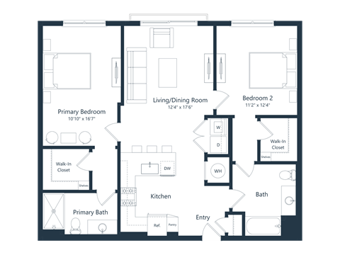 Floor plan for 2 beds, 2 baths, 1035 sqft